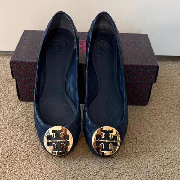 Tory Burch Dark Blue Quilted Flats with Gold Emblem - Picture 1 of 8